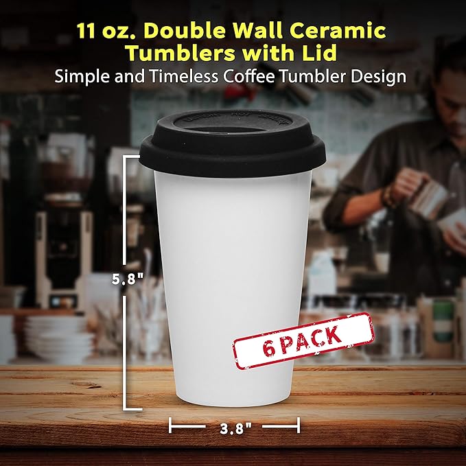 DISCOUNT PROMOS 11 oz. Double Wall Ceramic Tumblers with Lid - 6 Pack - Black