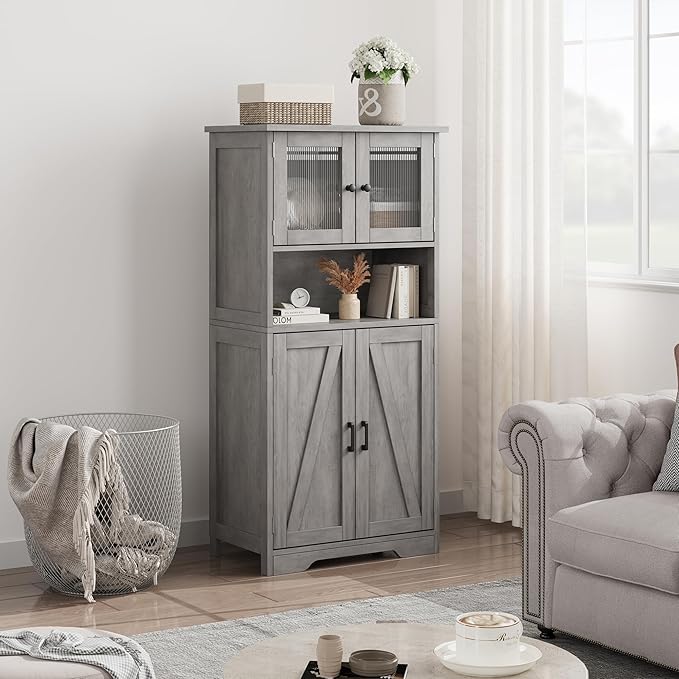 Storage Cabinets, 54 Inch Tall Hutch Bar Cabinet with Glass Doors and Adjustable Shelves, Wooden Kitchen Pantry Storage Cabinet, for Living Room