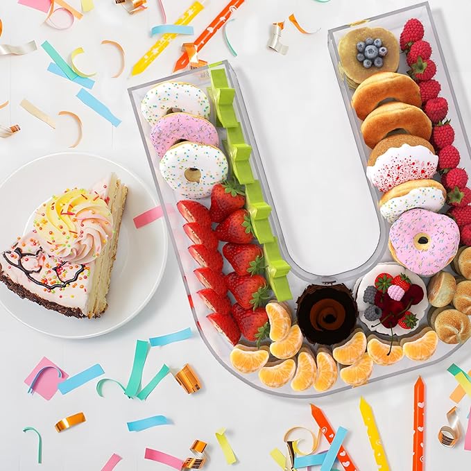 13.8" Extra Large Acrylic Letter Charcuterie Board Box, Reusable Fillable Letter Cake Candy Dish Display Serving Tray for Birthday Anniversary Party Decoration (U)