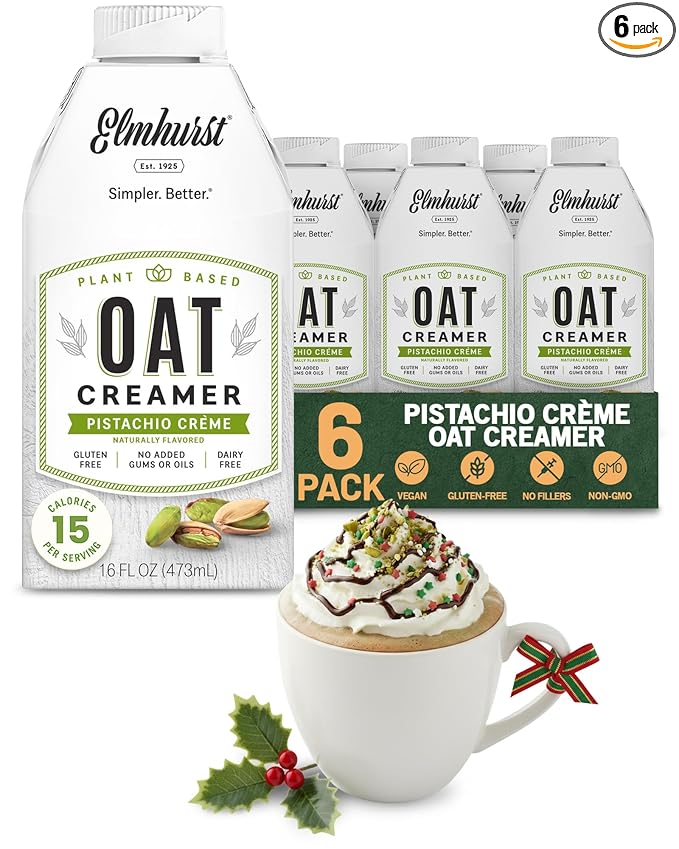Elmhurst 1925 Pistachio Crème Oat Creamer - 16 Ounce (Pack of 6) Dairy-Free, Vegan, Kosher, Low Sugar, Shelf Stable Creamer Made with Oat Grains & Pistachios for Simpler Plant Based Alternatives