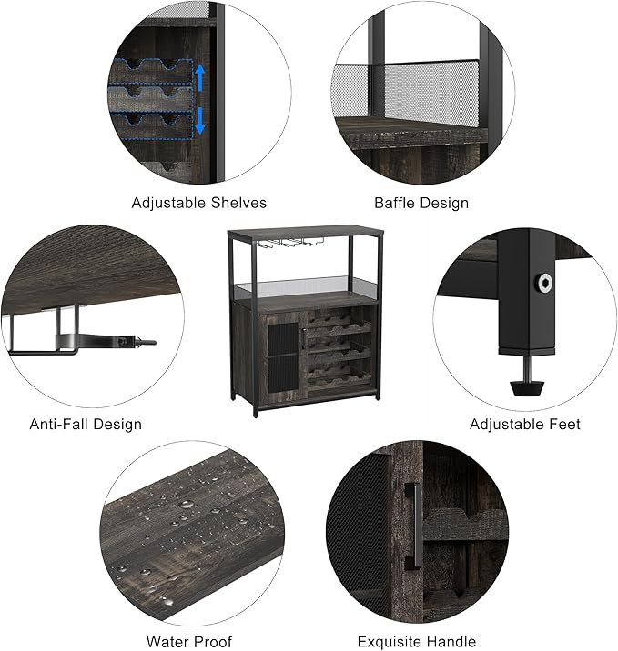 GarveeHome 3-Tier Wine Bar Cabinet with Detachable Wine Rack, Liquor Cabinet with Storage, Coffee Bar Cabinet with Glass Holder & Door, Sideboard Buffet Bar for Living Room, Dining Room, Dark Wood