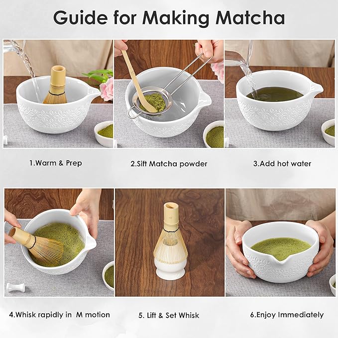 Matcha Whisk Set Matcha Kit - 7 Pcs Japanese Tea Set Includes Matcha Bowl with Spout,Bamboo Whisk with Ceramic Holder,Bamboo Scoop and Rest,Sifter,Tea Towel, for Ceremony Matcha Lovers Gift,White