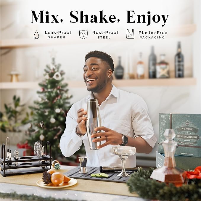 BARE BARREL® Mixology Bartender Kit Bar Set | 14-Piece Cocktail Shaker Set | Martini Barware Mixing Tools for Home Bartending | 35 Recipe Cards | Gift Set (28oz Boston Shaker, Silver/Black)