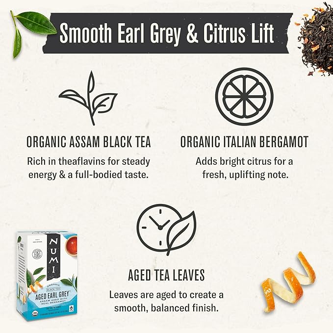 Numi Organic Aged Earl Grey Tea, 54 Black Tea Bags, Flavorful Assam Aged Tea with Real Bergamot