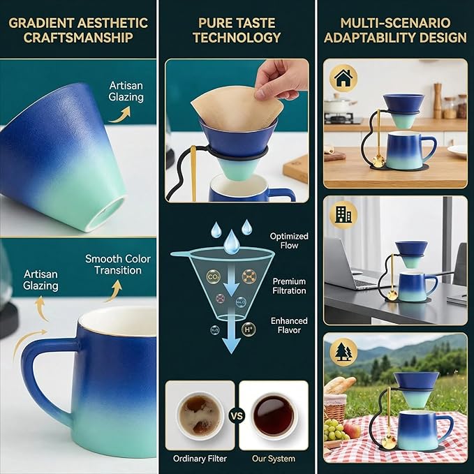 Pour Over Coffee Maker set,Ceramic Coffee Maker With V60 40 pcs Paper Filter，Metal Stand 9oz 270ml mug Pour Over Coffee Dripper blue