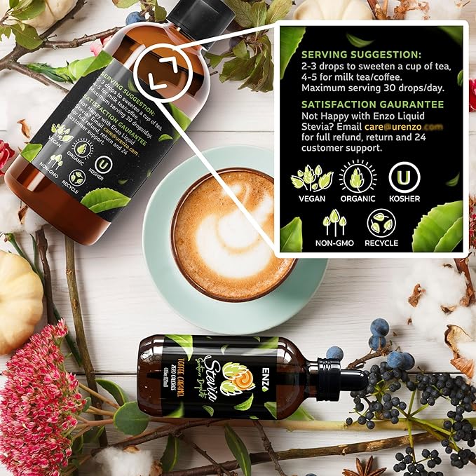 Enzo Liquid Stevia Drops Our Zero Calories Sweetener (8oz - 1600 Servings/Bottle) - Toffee Caramel - All Natural flavoring with No Artificial Additives & Filler Ingredient