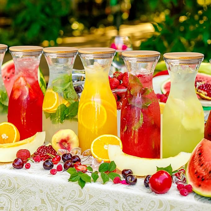 Set of 2 Circular Glass Carafe, 1 Liter Beverage Serveware Carafe with Bamboo Lid, Water Bottles, Clear Glass Pitchers for Mimosa Bar, Milk, Juice, Lemonade(2 Bottles)