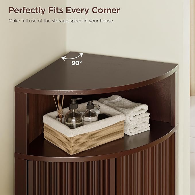 Corner Bathroom Cabinet, Modern Small Corner Cabinet with Fluted Door and Open Shelf, Space Saver for Bathroom, Living Room, Kitchen, Brown