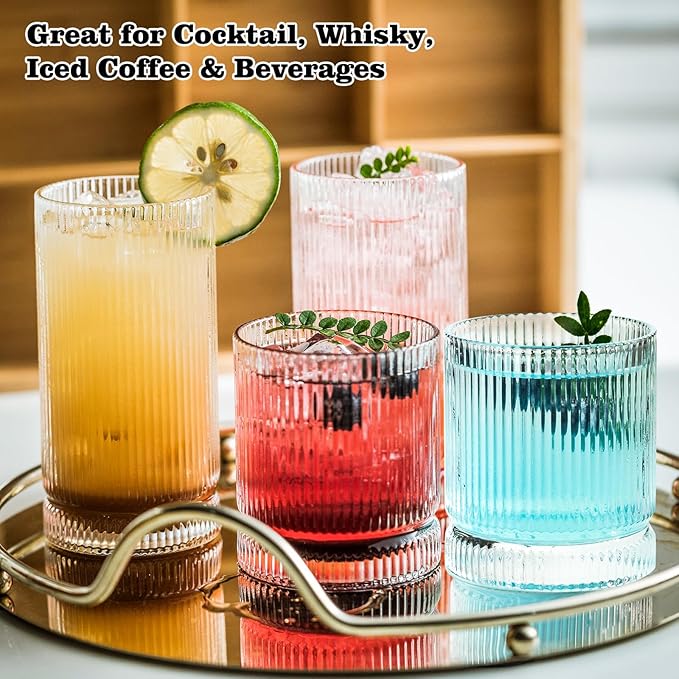 KEMORELA Drinking Glasses Set of 8, Ribbed Glassware, 13 Oz Old Fashioned Whiskey Glass, Vintage Glassware, Origami Style Cocktail Glasses, Clear Bar Glasses for Iced Coffee & Beverages (8PCS)
