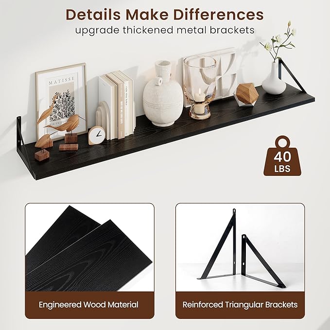 Axeman Deep Floating Shelves for Wall - 55 Inch Wide x 10 Inch Deep Black Floating Shelves Set of 2 - Wide Wall Shelves for Living Room Bathroom Bedroom