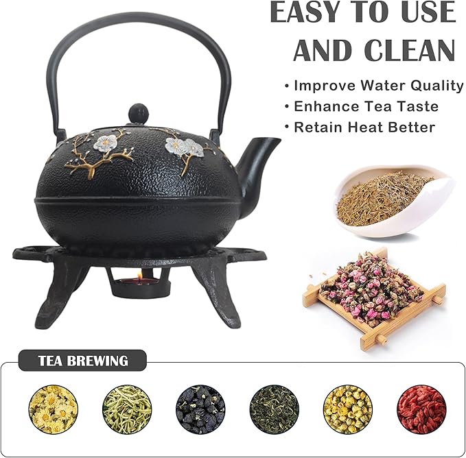 Cast Iron Tea Set with Cast Iron Warmer, Japanese Tetsubin 60.9oz Large Teapot Set with Infuser for Loose Tea, Heavy Tea Kettle for Stovetop Safe, Asian Elegant Durable Teaset Gift
