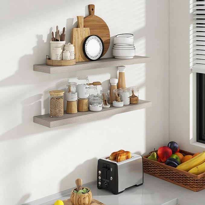 36 Inch Floating Shelves, 8 Inch Deep Floating Shelves for Wall, Hanging Shelf with Invisible Brackets, Deep Shelves for Bathroom, Bedroom, Living Room, Grey, Set of 2