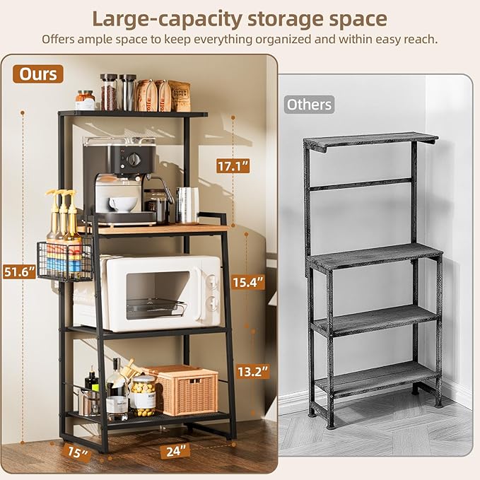 Bakers Rack with Foldable Basket, Large 4 Tiers Coffee Bar Station, Kitchen Microwave Stand with Storage, Metal Shelf Rack for Living Room, Office, Garage (Rustic Brown)