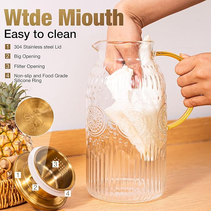 Amzcku Glass Pitcher with Lid, 68 oz/ 2 Liter 2Pack Vintage Water Pitcher,Glass Water Carafe for Cold Brew, Coffee, Lemonade, Iced Tea,Beverage, Heat Resistant Jug