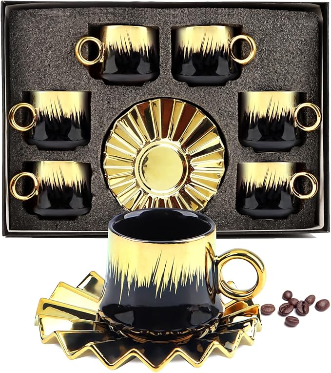 Goldmeet 6-Piece Turkish Coffee Cup Set, 3.5oz Elegant Ceramic Tea Cups with Saucers for Cappuccino Latte, Espresso Cup Set with Gift Box for Home & Cafe Use, Black Gold Luxury Design