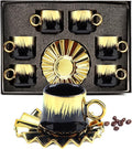 Goldmeet 6-Piece Turkish Coffee Cup Set, 3.5oz Elegant Ceramic Tea Cups with Saucers for Cappuccino Latte, Espresso Cup Set with Gift Box for Home & Cafe Use, Black Gold Luxury Design