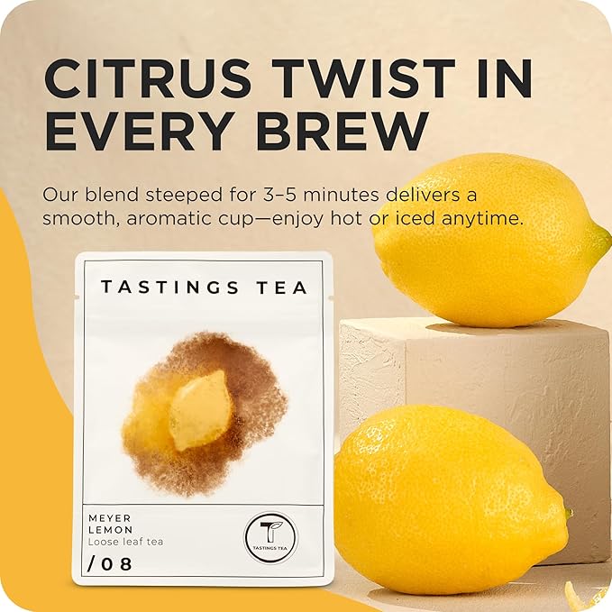 Tastings Tea Meyer Lemon Loose Leaf, 2 oz | Unsweetened Black Citrus Blend & Fruit Infusion with Lemongrass & Peel | Hot or Iced Cold Brew | Small Batch & Sustainably Sourced | Resealable Pouch