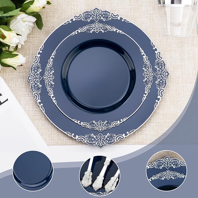 175PCS Navy Blue Plastic Plates for 25 Guests, Disposable Plates with Gold Trim include 25 Dinner and Dessert Plates, 75 Gold Silverware, 25 Cups, 25 Napkins for Party, Wedding & Graduation