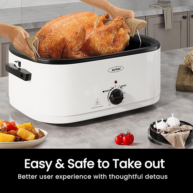 Sunvivi 22 Quart Electric Roaster with Visible & Self-Basting Lid, 30 lb Electric Turkey Roaster Oven with Removable Pan, Large Roaster with Removable Rack and Cool-Touch Handles, White