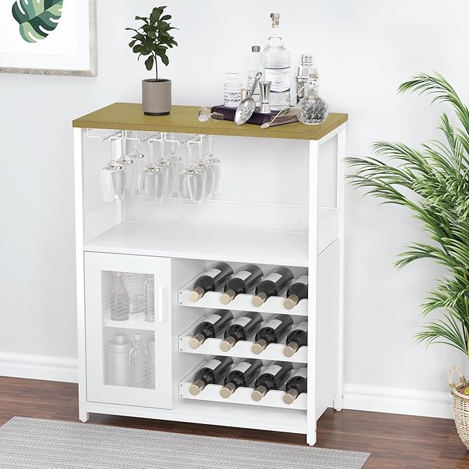 GarveeHome 3-Tier Wine Bar Cabinet with Detachable Wine Rack, Liquor Cabinet with Storage, Coffee Bar Cabinet with Glass Holder & Mesh Door, Sideboard Buffet Bar for Living Room, Dining Room, White