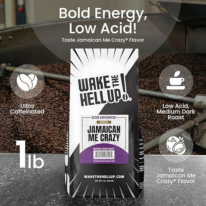 Wake The Hell Up! 1lb Ultra-Caffeinated Jamaican Me Crazy® Ground Coffee, Low Acid, Medium-Dark Roast