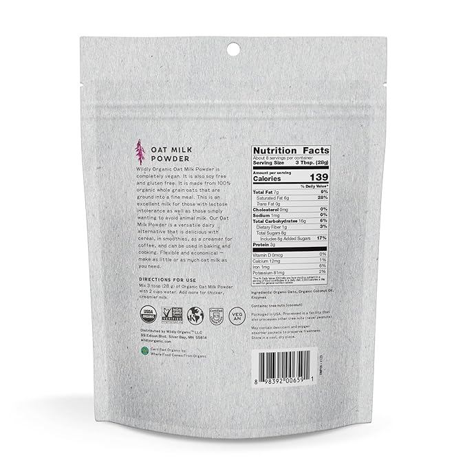 Wildly Organic Oat Milk Powder, 8 Oz Bag - Organic, Dairy-Free, Lactose-Free, Vegan, Gluten-Free, Plant-Bassed, Resealable Package - Excellent for Smoothies, Cereal, & Creamers