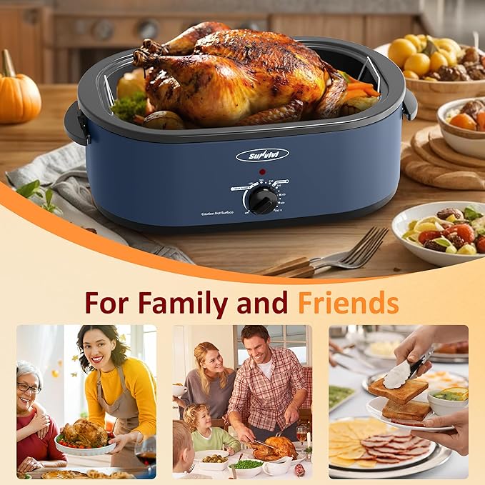 Sunvivi Electric Roaster, 18 Quart Roasting Oven with Self-Basting Lid Removable Pan, Turkey Roaster Oven with 150 to 450F Temperature Control Cool-Touch Handles, Blue