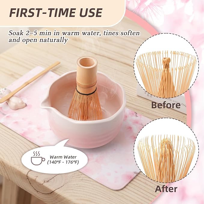 Pink Matcha Set, 7 Pcs Matcha Kit with Matcha Bowl with Spout, Bamboo Whisk & Holder, Tea Towel, Stainless Sifter, Bamboo Scoop & Rest, Cute Macha Gift Set for Women Birthday Christmas