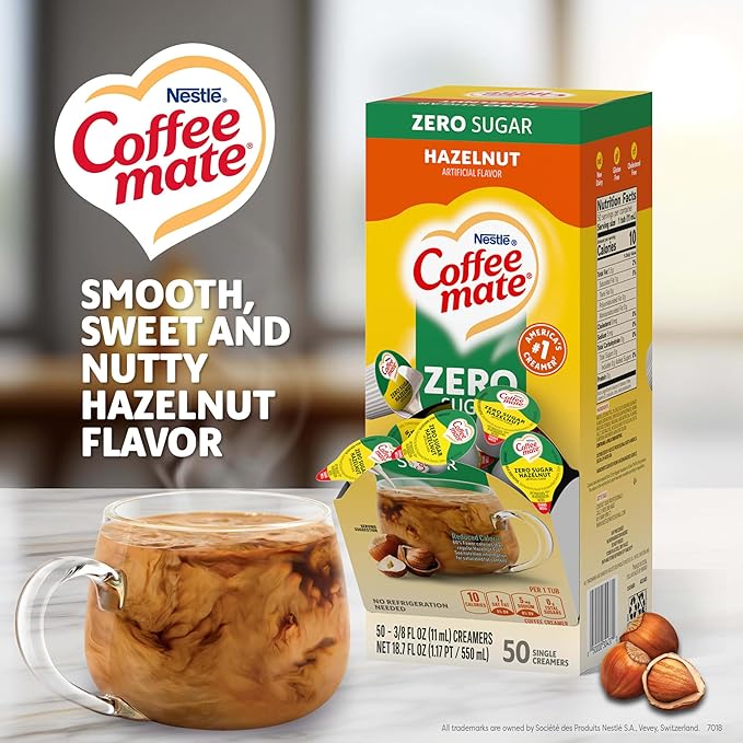 Nestle Coffee mate Coffee Creamer, Zero Sugar Hazelnut, Liquid Creamer Singles, Non Dairy, No Refrigeration, 0.375 fl oz Tubs (Pack of 200)