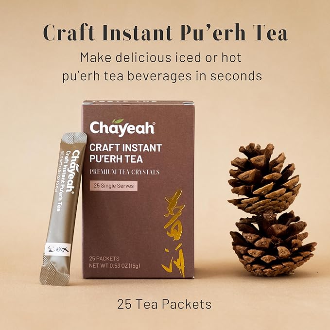 CHAYEAH, Craft Instant Pu'erh Tea, Quick Brew Tea Crystals, No Sugar, Natural Caffeine, Hot or Cold (25 Packets)