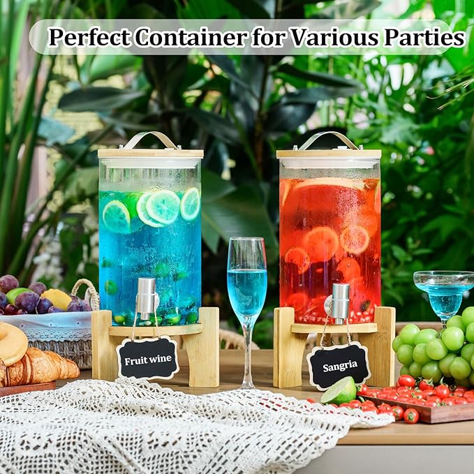 1.2 Gallon Large Glass Drink Dispenser For Parties, Beverage Dispenser with Bamboo Wood Stand and Stainless Steel Spigot, Juice, Lemonade, Water jug dispenser, Laundry Detergent Dispenser (1 PACK)