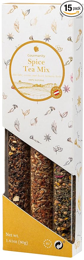 Gourmanity Spicy Loose Tea Sampler Set, 3 vibrant Spicy Flavors, Chai Latte, Intensely Spicy & Turmeric Herb, Infused with Cooling Herbs and & Fragrant Rose Petals, Product of Austria, 1.41oz