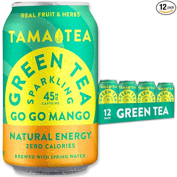 Tama Tea Sugar-Free Sparkling Green Tea, Mango – Organic & Naturally Energizing – Zero Calories, Zero Carbs, Non-GMO – Antioxidant-Rich with 45mg Natural Caffeine – 12 oz Cans (12-Pack)