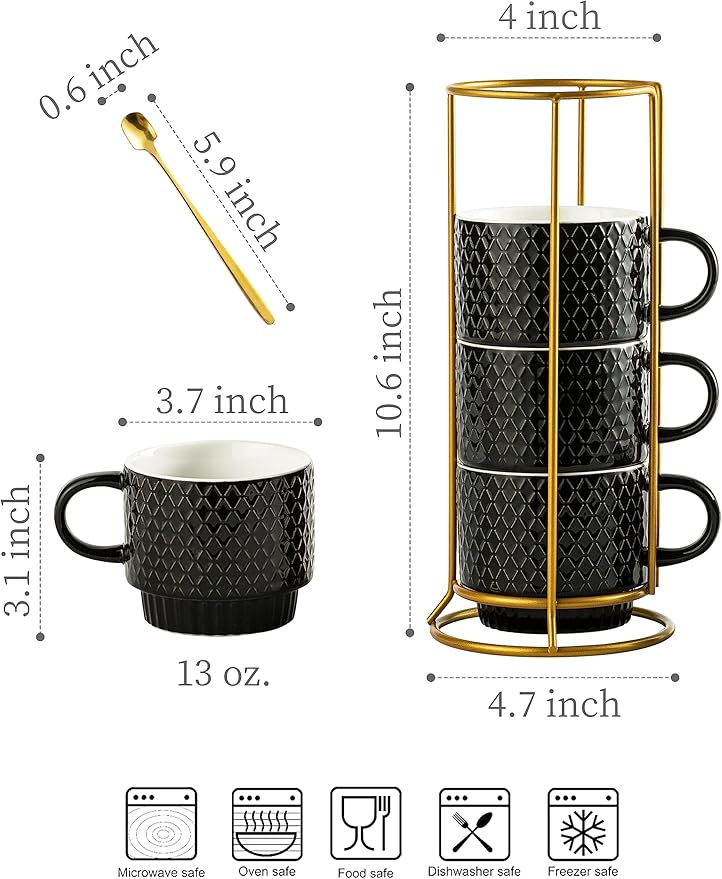 LYEOBOH Stackable Coffee Mugs Set of 4 with Rack & Spoons Coffee Mug Set 13 OZ., Ceramic Embossed Grinding Demitasse Cups Set Cappuccino Cup Halloween for Coffee, Latte, Macchiato, Espresso, Black