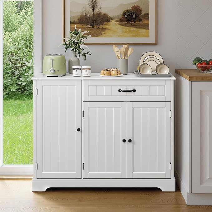 Ahomly Buffet Cabinet with Storage - 42'' Large Kitchen Storage with Shelves and Doors, Modern Coffee Bar Cabinet for Kitchen, Dining Room, Living Room, White