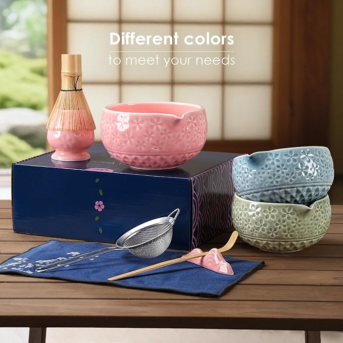 7Pcs Matcha Whisk Set, Ceramic Matcha Bowl with Spout, Bamboo Whisk and Holder,Bamboo Scoop,Scoop Rest,Sifter,Tea Towel, Matcha Kit with Cherry Blossom Carved Patterns for Matcha Lovers (Sakura Blue)