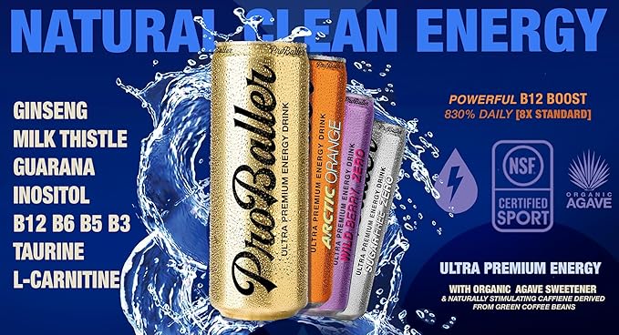 ProBaller Ultra Premium Energy Drink - Natural Clean NSF Certified Sport Drink with Amino Acids, Taurine, Biotin, Organic Agave, Vitamin B 12 Methylcobalamin, & Electrolytes - 15 Pack - Lakers Edition