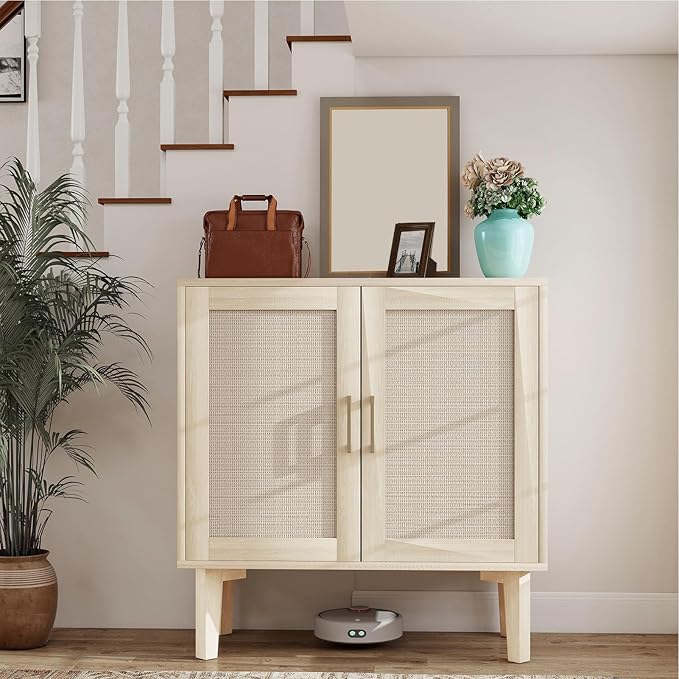 Bigroof Rattan Cabinet, Modern Accent Buffet Cabinet with Magnetic Doors, Sideboard Buffet for Hallway, Entryway, Living Room, or Kitchen (Oak)