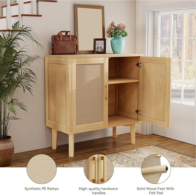 Bigroof Rattan Cabinet, Modern Accent Buffet Cabinet with Magnetic Doors, Sideboard Buffet for Hallway, Entryway, Living Room, or Kitchen (Natural)