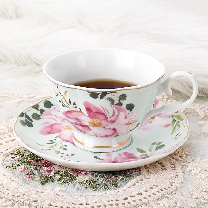 fanquare 5-Ounce Floral Tea Cups and Saucers Set of 6, Assorted Pastel Flowers Porcelain Coffee Cup with Gold Trim, Dishwasher & Freezer Safe