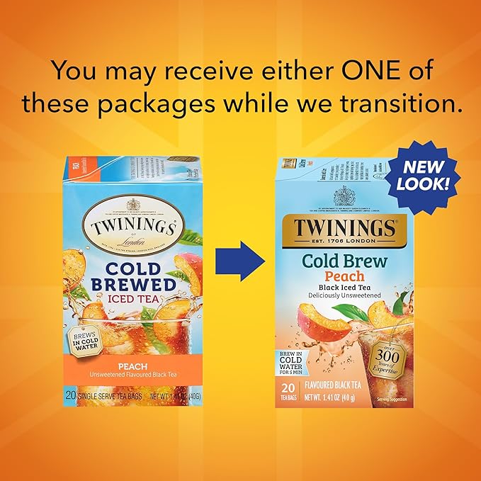 Twinings Peach Cold Brew Iced Tea Bags, 20 Count (Pack of 6), Unsweetened Flavoured Black Tea, Caffeinated, 120 Teabags
