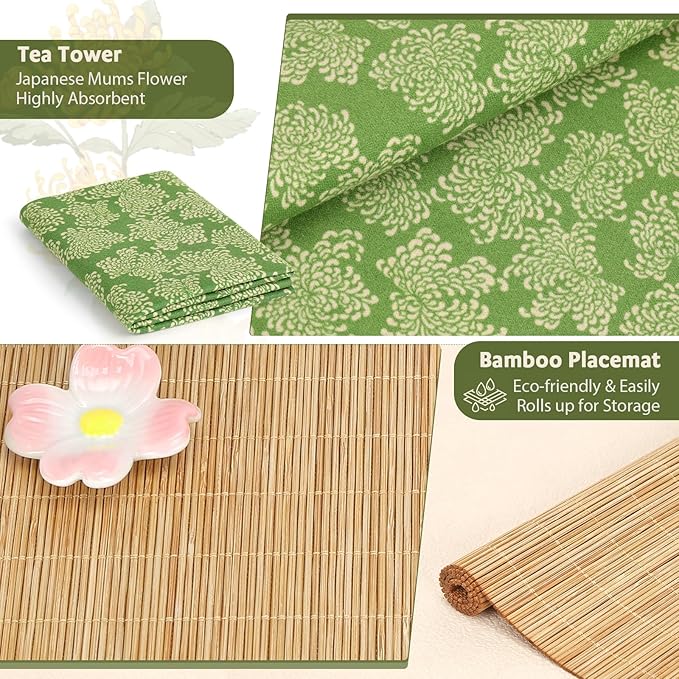 Matcha set with tray 8pcs, Japanese Matcha Kit includes Ceramic Matcha Bowl, Bamboo Matcha Whisk (Chasen), Whisk Holder, Macha Scoop(Chashaku), Bamboo Placemat, Sifter, Tea Cloth Chakin，Blue & Pink