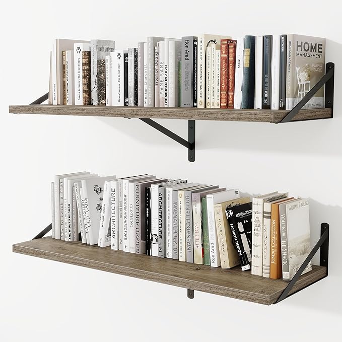 Deep Wall Shelves 40"W x 12"D Engineered Wood Floating Shelves for Wall, Sturdy Metal Bracket Bookshelves Home Decor Storage for Living Room Bedroom Bathroom Kitchen, Set of 2, Grey Finish