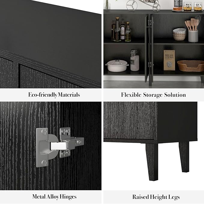 Panana Sideboard Buffet Cabinet Kitchen Storage Cabinet Living Room 4 Doors Console Table (Black)