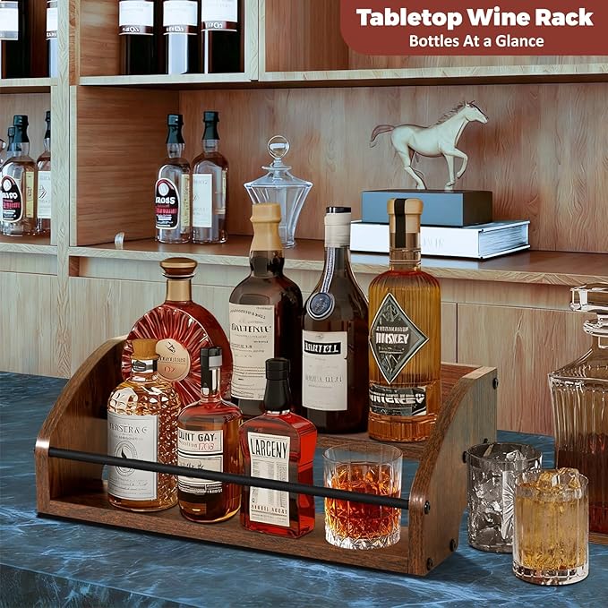 Rustic Wooden Countertop Organizer- Liquor Bottle Display Shelf, Coffee Syrup Rack, Mini bar, Liquor Cabinet, Home Retro Bar Shelf Stand for Liquor Whiskey, Spirits - Brown