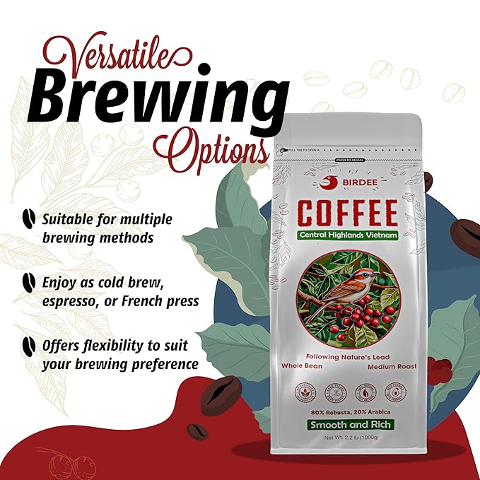 Birdee Vietnamese Coffee Beans - 2.2 LB, Whole Bean, Medium Roast, Robusta Arabica Blend, Strong Bold Flavor, Low Acidity, Fresh Resealable Bag, Ideal for Phin, Espresso, French Press, Cold Brew
