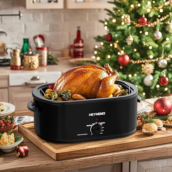 22 Quart Electric Roaster Oven, Turkey Roaster with Viewing & Self-basting Lid, Stainless Steel Turkey Roaster Oven, Black