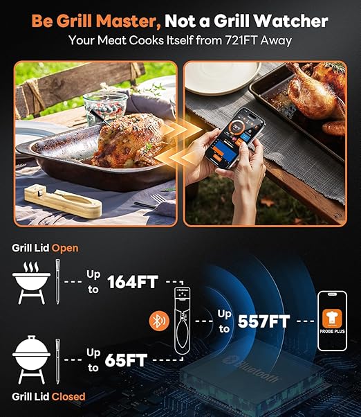 Beelicious Pro Wireless Meat Thermometer – Stable Bluetooth Smart Probe with ±1.8℉ Accuracy, 0.5s Fast Response & Long-Lasting Battery, IP67 Waterproof, App Controlled for Grill, Oven, Air Fryer