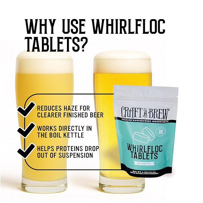 Craft A Brew - Whirlfloc Tablets - Brew Clearer Beer - For At Home Beer Brewing - Reduces Haze of At Home Brewed Beer - Blend of Irish Moss & Purified Carrageenan - Use on Brew Day - 50 Count Tablets