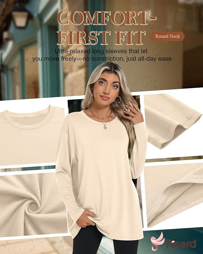 Ficerd 3 Pack Women's Oversized Long Sleeve Shirts Cotton Gym Round Neck Tops Loose Fit Casual Workout Baggy Fall Basic Tee